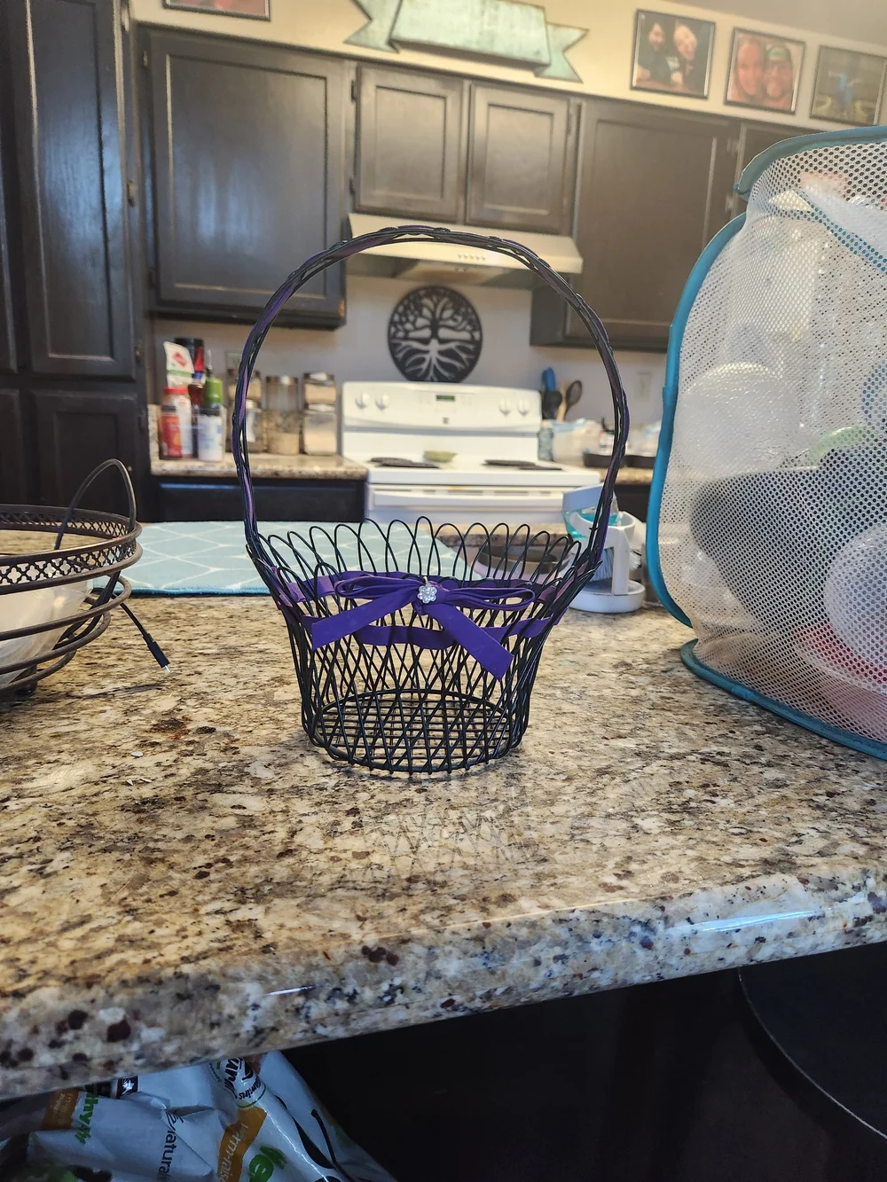 Decorative Black Wire Basket with Purple Ribbon